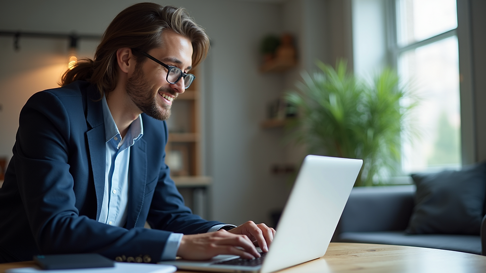 Eye-level view of a student studying on a laptop at home