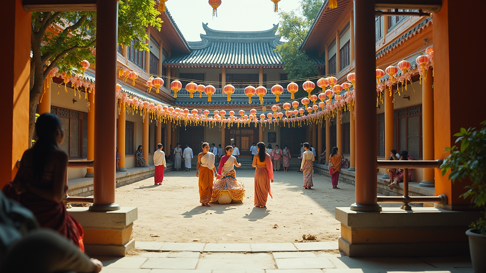 High angle view of a cultural festival with colorful decorations in a school courtyard