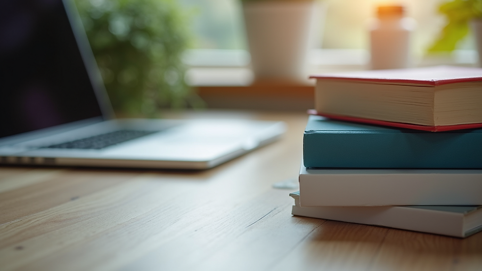Close-up view of educational books and a laptop