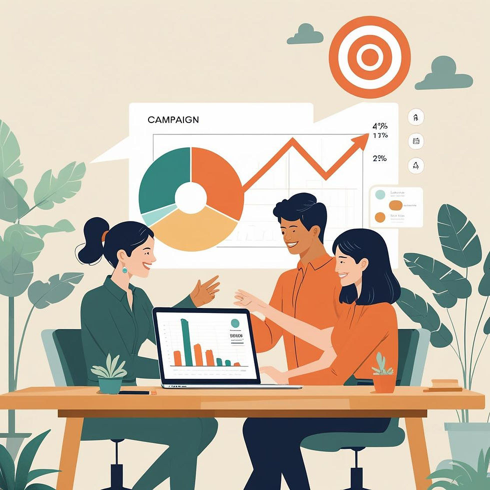 Flat-style illustration of a small business team collaborating on a sales and marketing st