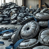 A photorealistic image of a pile of used airbags and seatbelts, arranged in a casual, diso