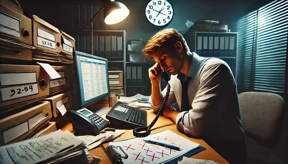 A person sits at a cluttered desk in a small, dimly lit office, holding a phone to their ear with a frustrated expression. Their shoulders are slumped, and the desk is covered with scattered papers. A clock on the wall shows late hours, and a computer screen is filled with multiple open tabs, emphasizing the exhaustion of cold calling.