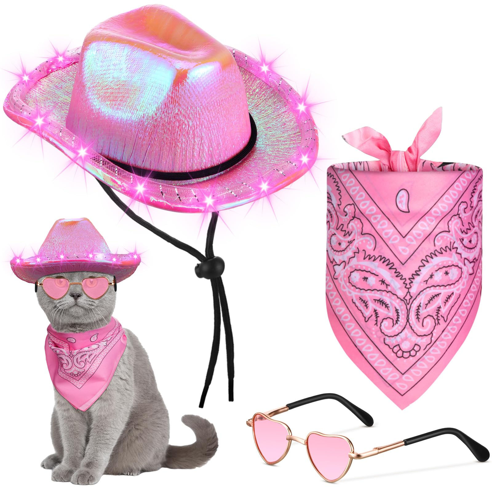 Aliceset 3 Pcs Pet Cowboy Costume Cat Cowboy Accessories Set Neon Sparkly Dog Co