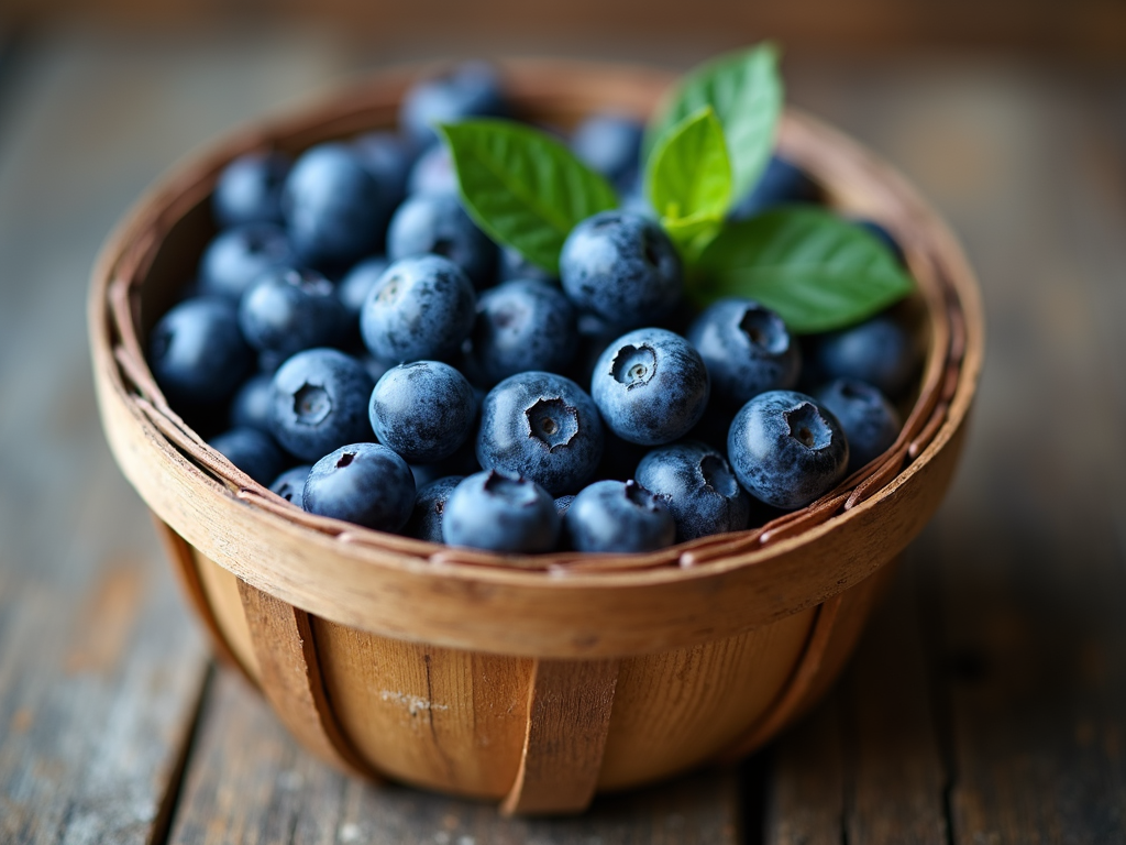 A wooden basket filled with freshly picked vibrant blueberries on a rustic table.