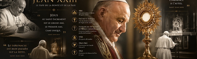 Saint Jean XXIII (1881-1963), connu comme le « Pape de la bonté », puisait toute sa force spirituelle dans l'Eucharistie. Dès son enfance à Sotto il Monte, dans une famille paysanne profondément chrétienne, il développa une tendre dévotion envers Jésus présent au Saint-Sacrement.

Ordonné prêtre en 1904, il considéra toujours l'autel comme le centre de sa vie. Pour lui, l'Eucharistie n'était pas seulement un sacrement à célébrer, mais une rencontre vivante avec Jésus, son Ami et son Maître. Il passait volontiers de longs moments en adoration silencieuse devant le tabernacle, trouvant dans cette présence la lumière pour guider ses décisions et la paix pour porter les responsabilités de l'Église. Devenu évêque, puis patriarche de Venise et enfin pape en 1958, il conserva cette simplicité eucharistique. Malgré les charges immenses de son ministère, il demeura un homme de prière, convaincu que toute fécondité apostolique naît aux pieds du Seigneur présent dans l'Hostie consacrée.

Jean XXIII aimait répéter que toute sa journée commençait à l'autel. Son amour de l'Eucharistie nourrissait son regard bienveillant sur chaque personne. Il voyait dans chaque homme et chaque femme un enfant aimé de Dieu, ce qui explique sa douceur, son humilité et sa capacité à ouvrir des chemins de paix.

Lorsqu'il convoqua le Concile Vatican II en 1962, il le fit dans un esprit profondément eucharistique : conduire l'Église à renouveler sa rencontre avec le Christ afin de mieux annoncer l'Évangile au monde. Son désir n'était pas de transformer l'Église selon les idées humaines, mais de la rapprocher davantage de Jésus.Pour Saint Jean XXIII, l'Eucharistie était le trésor de l'Église et le secret de la sainteté. Il affirmait :« Jésus au Saint-Sacrement est le grand Ami, le premier Ami, l'Ami unique. »Et encore :« Le tabernacle est mon paradis sur la terre. » Le 3 juin 1963, lorsqu'il retourna à la Maison du Père, il laissait le témoignage lumineux d'une vie entièrement façonnée par la présence eucharistique du Christ. Son héritage demeure celui d'un cœur de père qui a appris, devant le Saint-Sacrement, la douceur, la confiance et l'amour universel.

En quelques mots, saint Jean XXIII fut un pape dont la bonté, la paix et l'ouverture provenaient d'une source unique : Jésus-Eucharistie. Toute sa vie, il chercha à demeurer près du tabernacle pour recevoir du Christ la lumière, la force et l'amour qu'il devait transmettre à l'Église et au monde.
