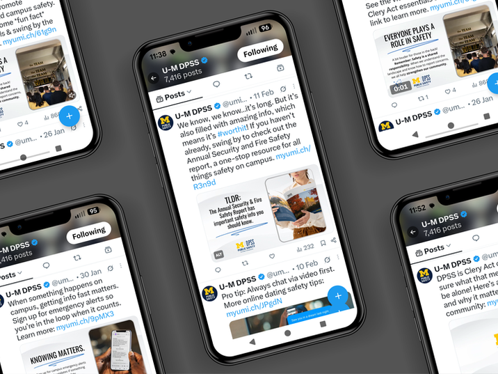 A group of smartphones displaying X (formerly Twitter) posts from U-M DPSS highlighting campus safety resources and Clery Act information.