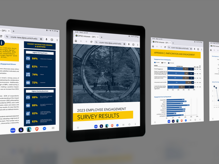 A tablet displaying the 2023 Employee Engagement Survey Results digital document, flanked by web pages showing survey data and charts.
