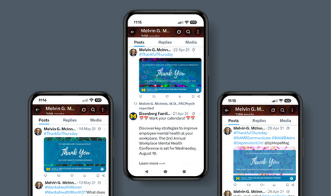 Three smartphones displaying a social media post.