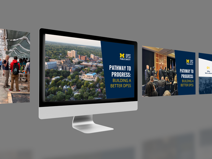 A desktop monitor displaying a presentation slide titled Pathway to Progress: Building a Better DPSS, surrounded by related slide previews.