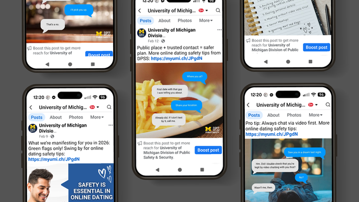 A cluster of smartphones showing DPSS Facebook posts focused on online dating safety tips and text conversation graphics.