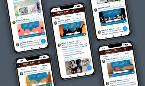 Five smartphones displaying social media posts.