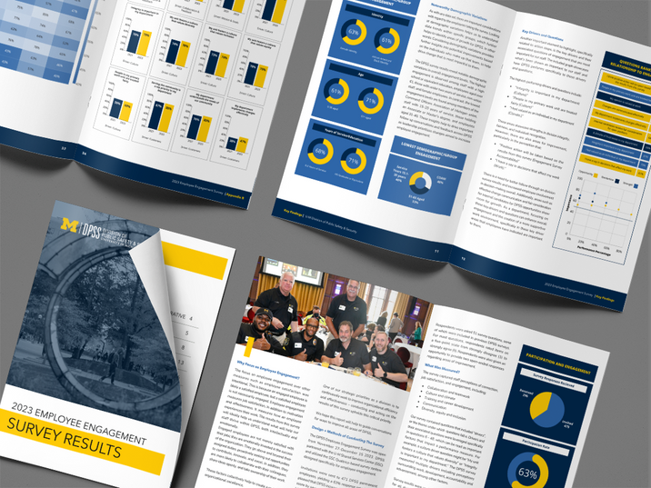 Spread-out printed copies of the 2023 DPSS Employee Engagement Survey report displaying cover pages, team photos, and data charts.