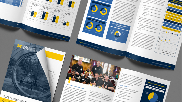 Spread-out printed copies of the 2023 DPSS Employee Engagement Survey report displaying cover pages, team photos, and data charts.