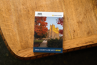 Cover of the 2025 University of Michigan Ann Arbor Campus Annual Security and Fire Safety Report, featuring a campus building in autumn.