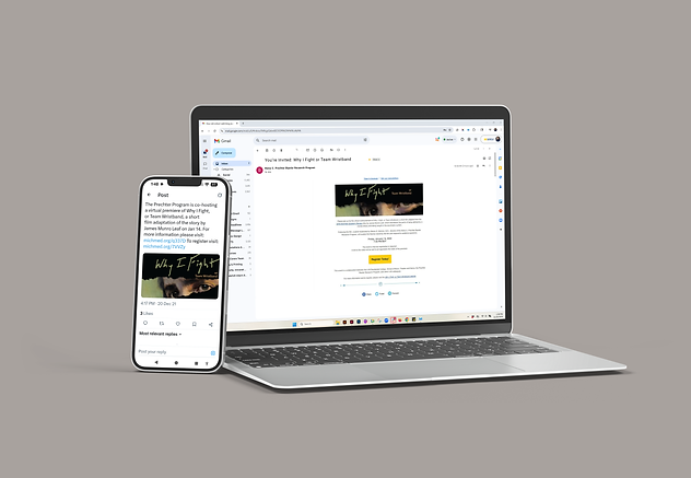 A laptop and a smartphone displayed side-by-side against a gray background. The laptop screen shows a Gmail invitation for the "Why I Fight" event with a yellow "Register Today!" button.