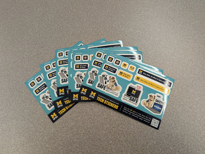 Fan arrangement of DPSS branded tech sticker sheets featuring keyboard key decals and therapy dog Nico.