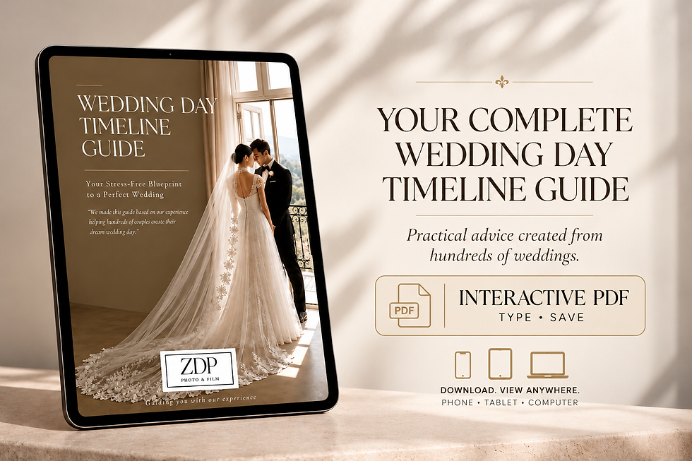 Wedding Day Timeline Guide interactive PDF displayed on a tablet