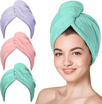Hicober Microfiber Hair Towel, 3 Packs Hair Turbans for Wet Hair, Drying Hair Wrap Towels for Curly Hair Women Anti Frizz (Pink,Purple,Green)