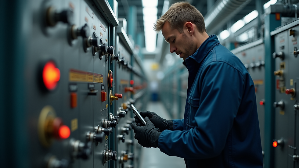 Eye-level view of a technician inspecting a boiler system