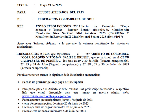 Circular Federación colombiana de Golf - Resoluciones Torneos