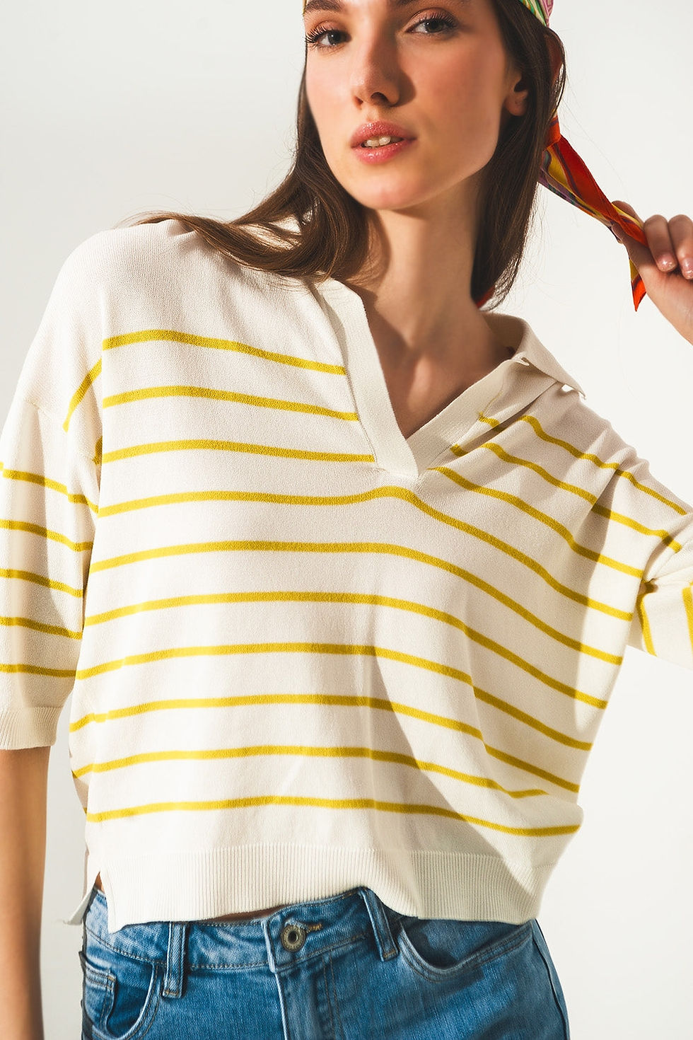 Thumbnail: Vintage 70s Stripe Green Polo Neck Jumper