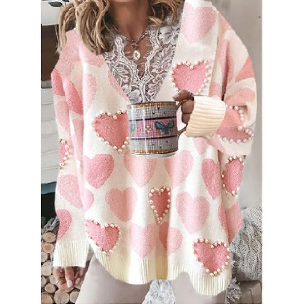 Thumbnail: Fashion Sweaters Women Autumn Winter Lace v Neck Heart Print
