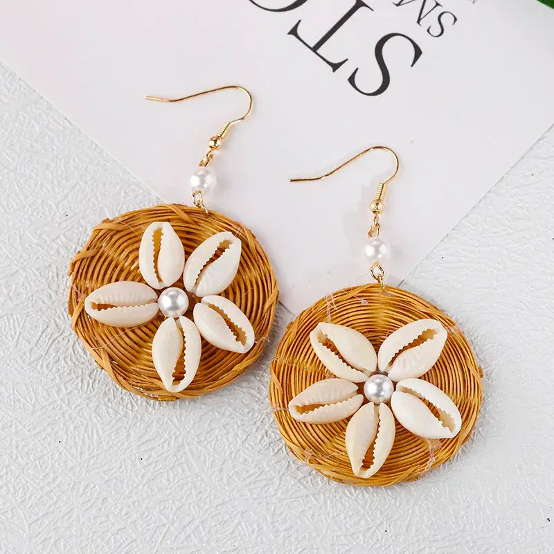 Thumbnail: Korea Handmade Wooden Straw Weave Rattan Vine Braid Drop Earrings