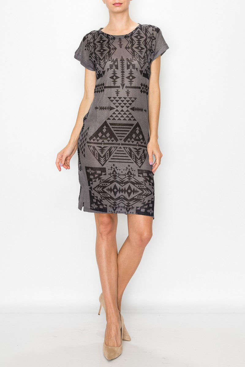 Miniature : Short Sleeve Aztec Print Dress - Grey