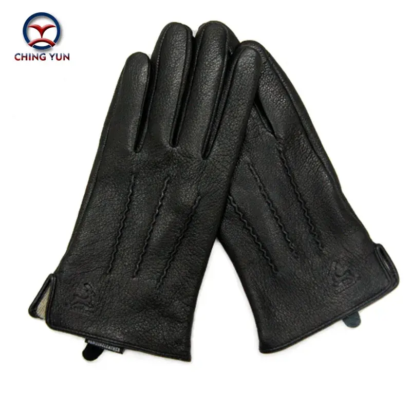Miniature : Winter Men Deer Skin Leather Gloves Male Warm Soft Black Sewing Design Men
