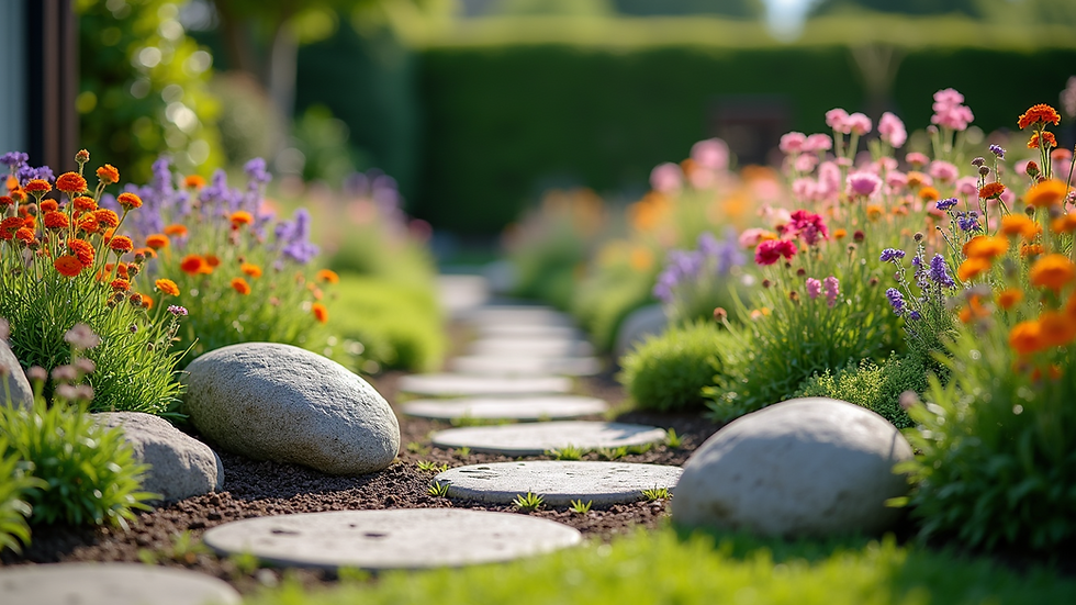 Eye-level view of a beautifully landscaped garden with colorful flowers
