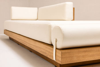 ARÉ Collection by Cristina Recio crafted from solid Iroko wood, featuring minimalist outdoor furniture with clean lines, natural materials, and architectural form.