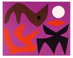 Colorful abstract artwork by John Coburn featuring interlocking organic shapes in bold primary tones, evoking a modern spiritual tapestry.