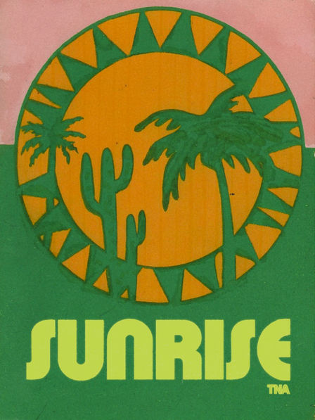 Green-and-orange poster of palm trees and cacti in a sunburst circle, with bold SUNRISE text and small TINA at bottom right.