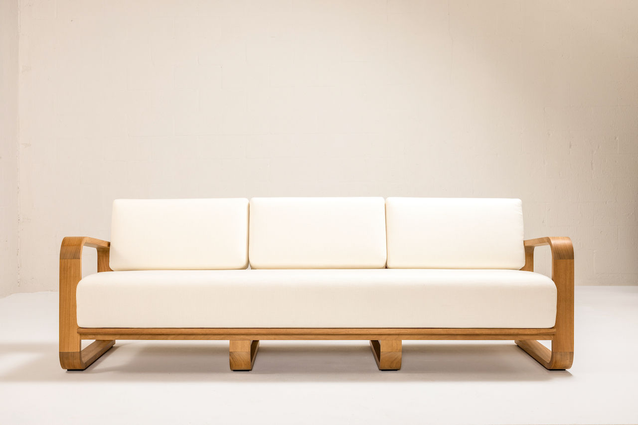 NUWA Collection by Shana Willinsky for CMA Furnishings featuring minimalist outdoor furniture with clean lines, soft proportions, and natural materials designed to harmonize with architectural spaces.