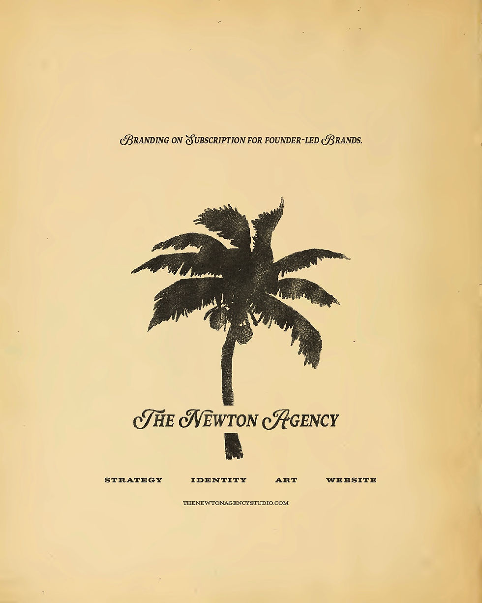 Beige poster with black palm logo, The Newton Agency, and text on branding, strategy, identity, art, website.