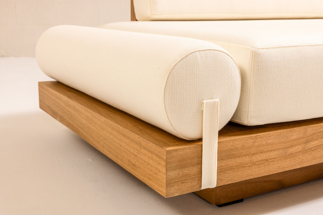 ARÉ Collection by Cristina Recio crafted from solid Iroko wood, featuring minimalist outdoor furniture with clean lines, natural materials, and architectural form.