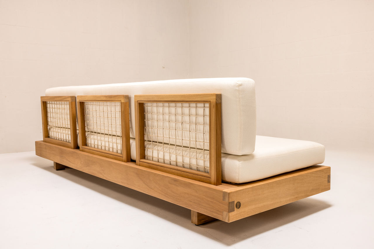 DI LIDO Collection by Studio JAC featuring modern outdoor furniture crafted from solid Iroko, with woven rope detailing, low-slung profiles, and architectural form designed for relaxed outdoor living.