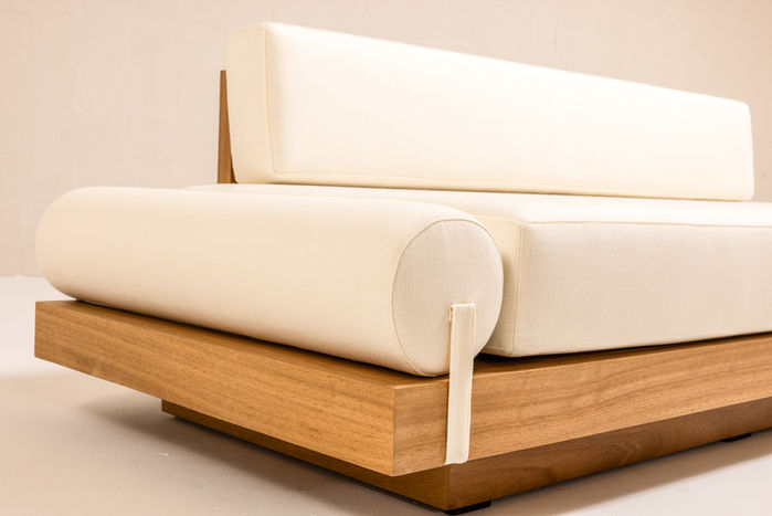 ARÉ Collection by Cristina Recio crafted from solid Iroko wood, featuring minimalist outdoor furniture with clean lines, natural materials, and architectural form.