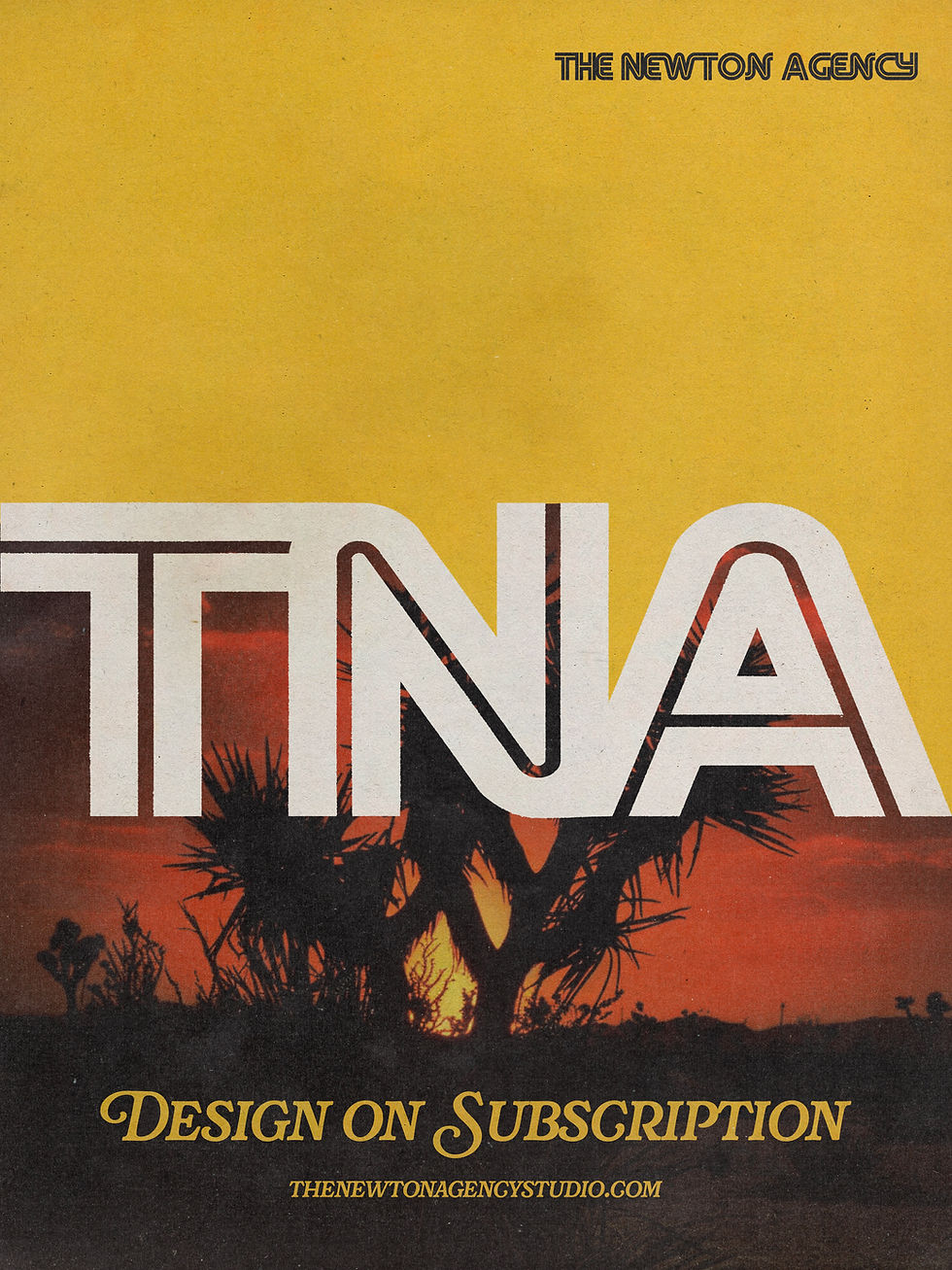 1970s style vintage poster design for The Newton Agency with TNA across and an image of a sunset in the desert.