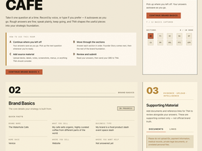 Brand studio dashboard for The Waterhole Cafe, showing Brand Basics, progress panels, upload form, and beige minimalist layout.