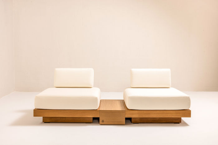 ARÉ Collection by Cristina Recio crafted from solid Iroko wood, featuring minimalist outdoor furniture with clean lines, natural materials, and architectural form.