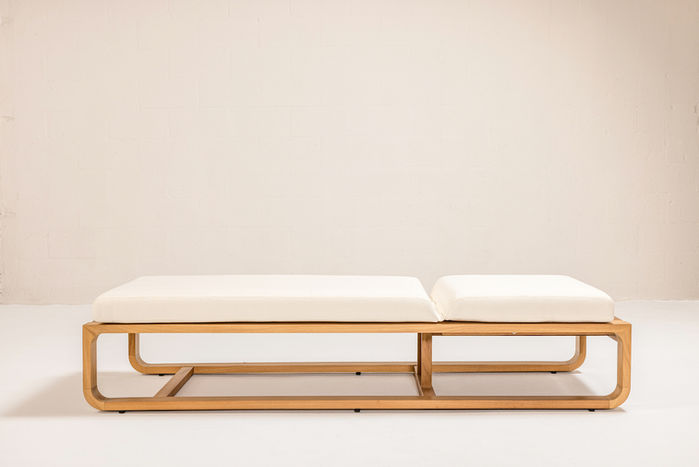 NUWA Collection by Shana Willinsky for CMA Furnishings featuring minimalist outdoor furniture with clean lines, soft proportions, and natural materials designed to harmonize with architectural spaces.