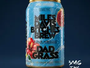 Blue THC-infused can with guava hibiscus art and bold text, covered in condensation on a dark background, 3MG THC visible