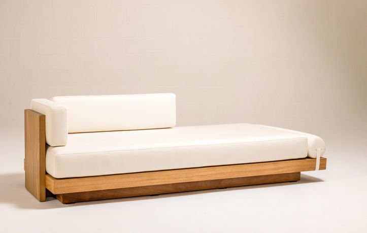 ARÉ Collection by Cristina Recio crafted from solid Iroko wood, featuring minimalist outdoor furniture with clean lines, natural materials, and architectural form.