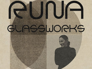 Poster with bold black text Future Glassworks over abstract halftone circles and a smiling woman portrait on beige paper.