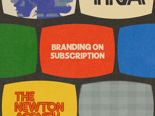 Retro TV screen collage with bold color blocks and text: TINA, BRANDING ON SUBSCRIPTION, THE NEWTON AGENCY, thenewtonagencystudio.com