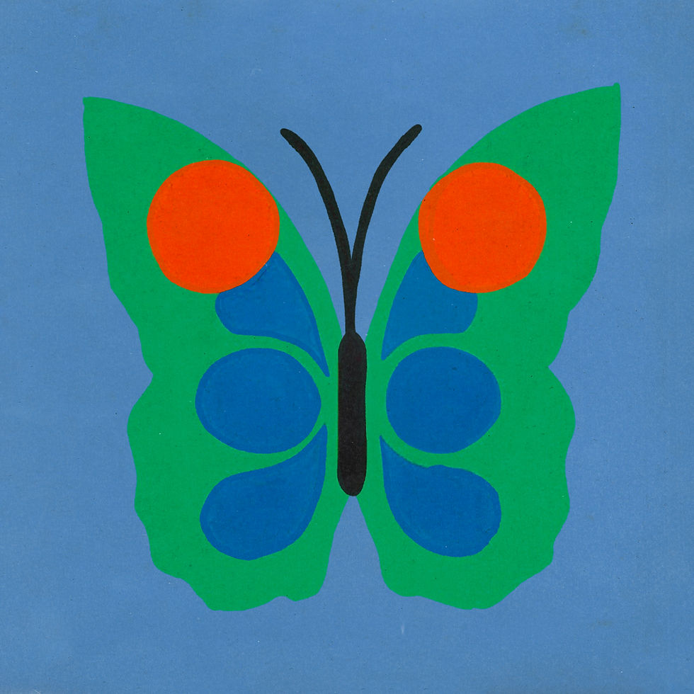 Colorful butterfly illustration with green wings, orange and blue spots, and a black body on a blue background