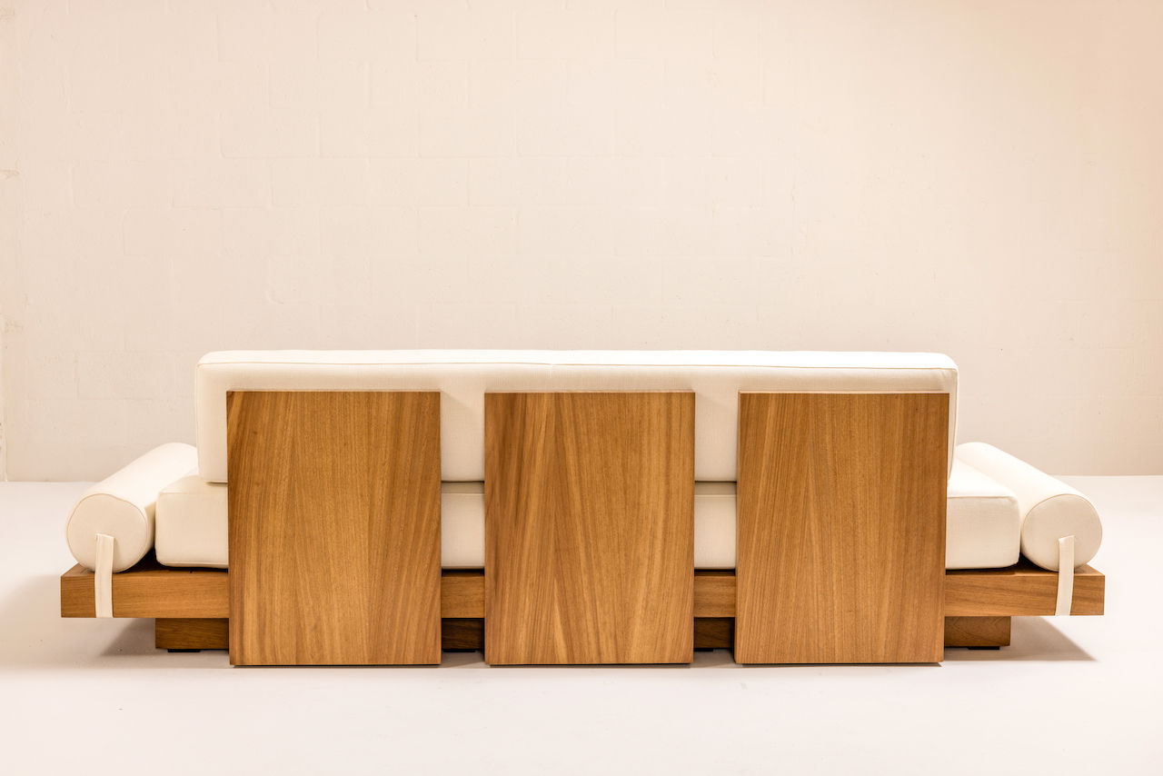 ARÉ Collection by Cristina Recio crafted from solid Iroko wood, featuring minimalist outdoor furniture with clean lines, natural materials, and architectural form.