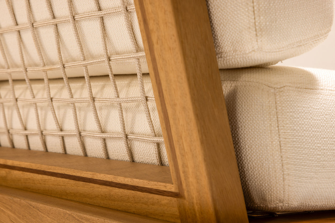 DI LIDO Collection by Studio JAC featuring modern outdoor furniture crafted from solid Iroko, with woven rope detailing, low-slung profiles, and architectural form designed for relaxed outdoor living.