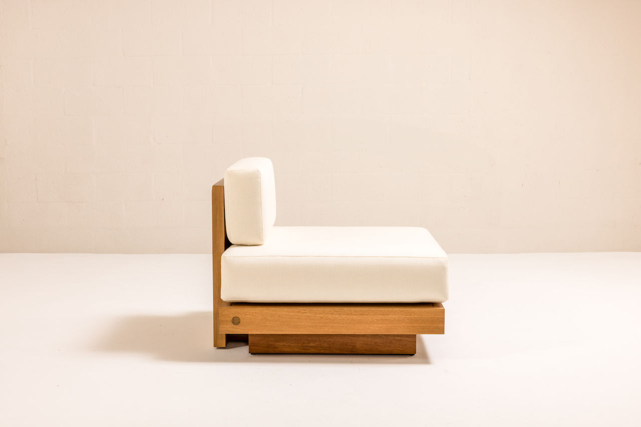 ARÉ Collection by Cristina Recio crafted from solid Iroko wood, featuring minimalist outdoor furniture with clean lines, natural materials, and architectural form.